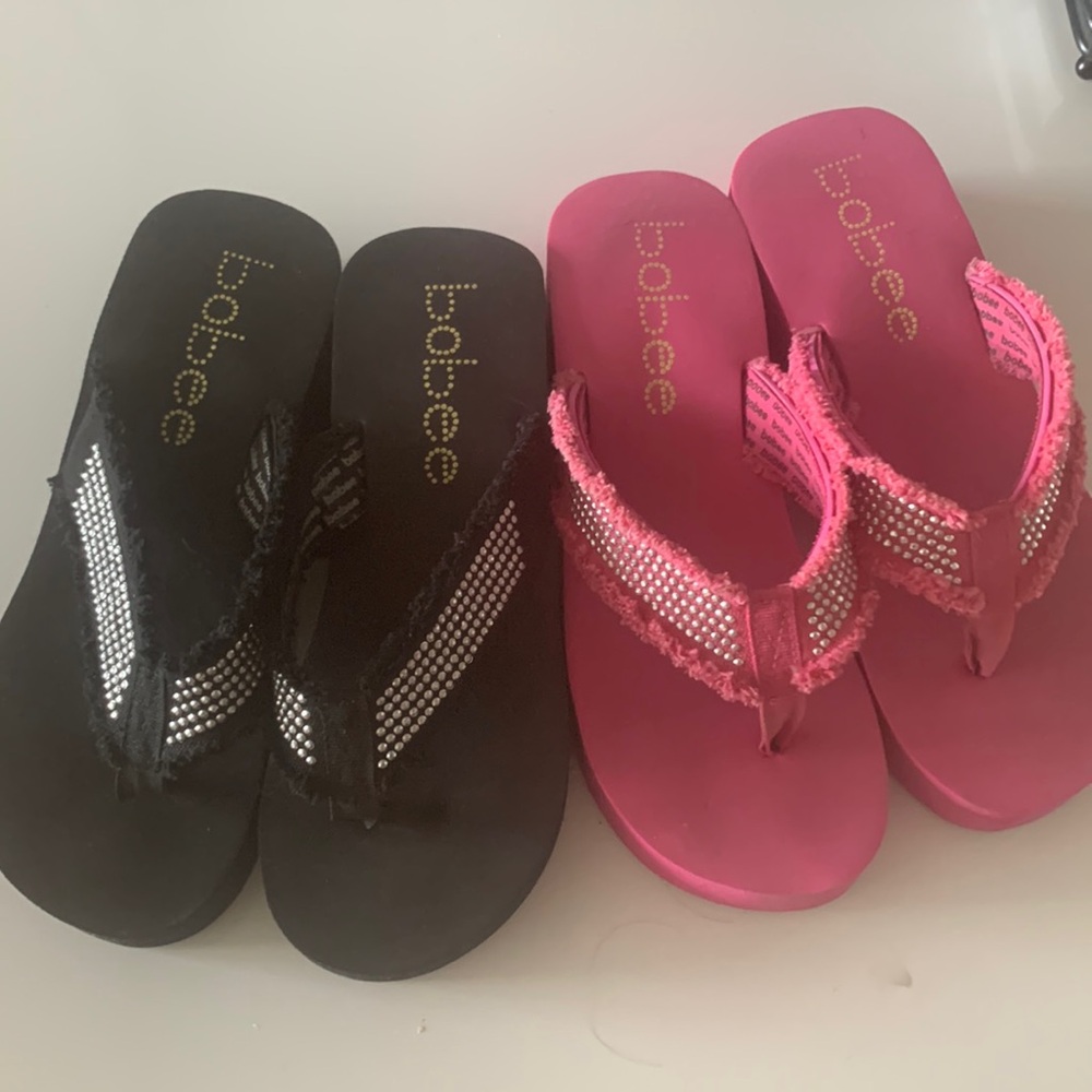 Bobee summer flip flops, 2” to 1” platform heels, 2 pairs